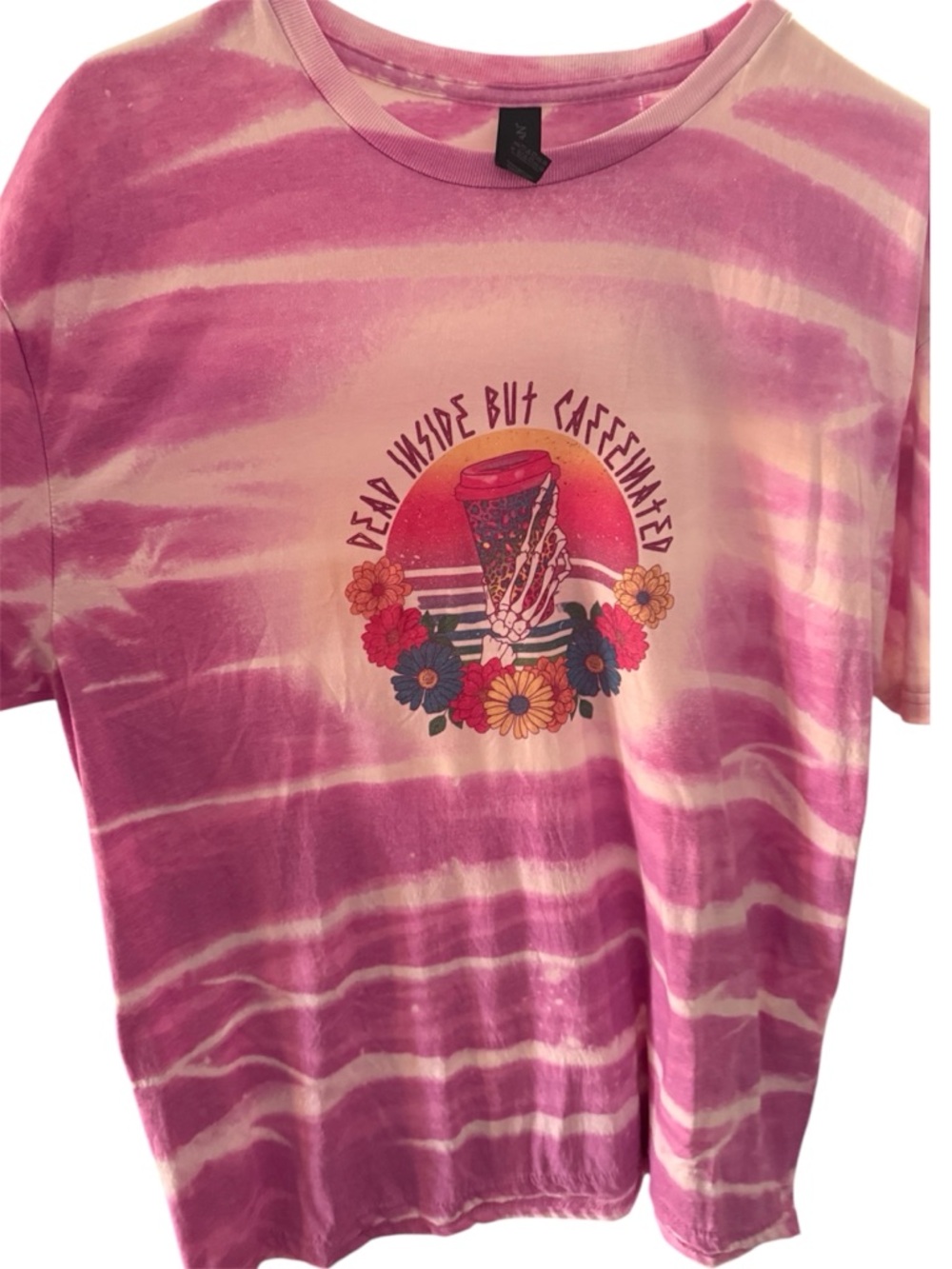 Gildan Pink Tie-Dye Tee with Colorful Coffee & Floral Graphic dead inside but ca